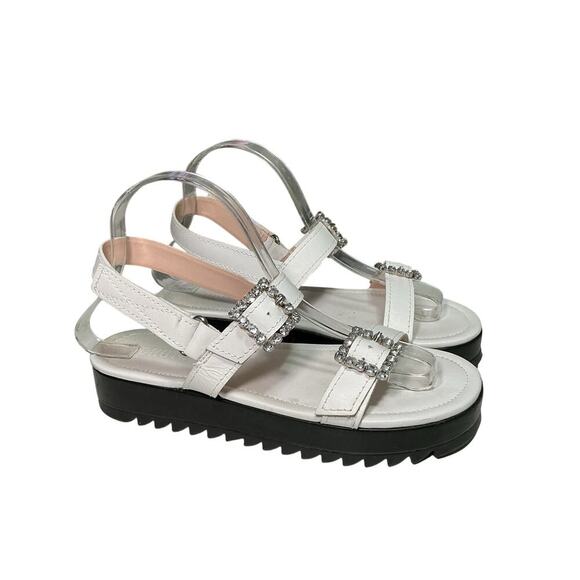 Schutz Ruth Embellished Leather Flatform Slingback Sandals White Crystal 7.5 - Picture 5 of 15